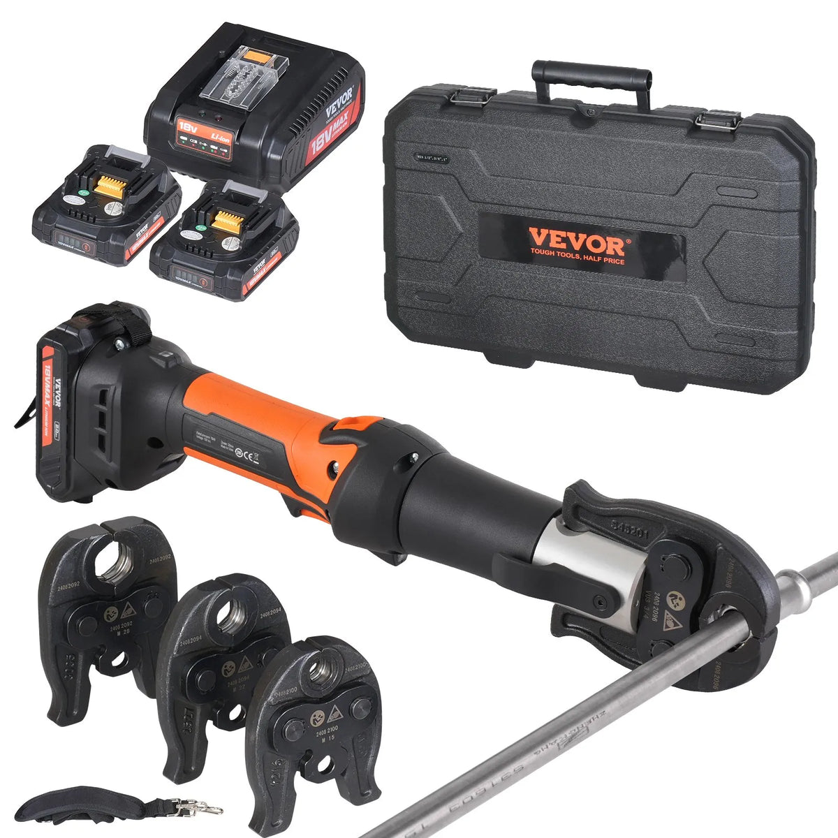 Akumulatora cauruļu presēšanas instruments ar 3 presformām V15, V22, V28, 18 V, 4,0 Ah