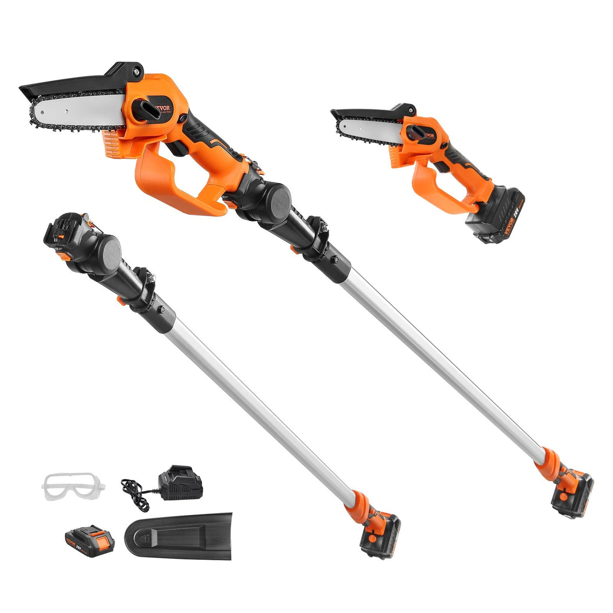 VEVOR 2-in-1 Cordless Telescopic Pole Saw and Mini Chainsaw, 20 V 2 Ah Battery, 13 cm Cutting Length, Reach up to 2.4 m (Battery and Blade Guard Included)