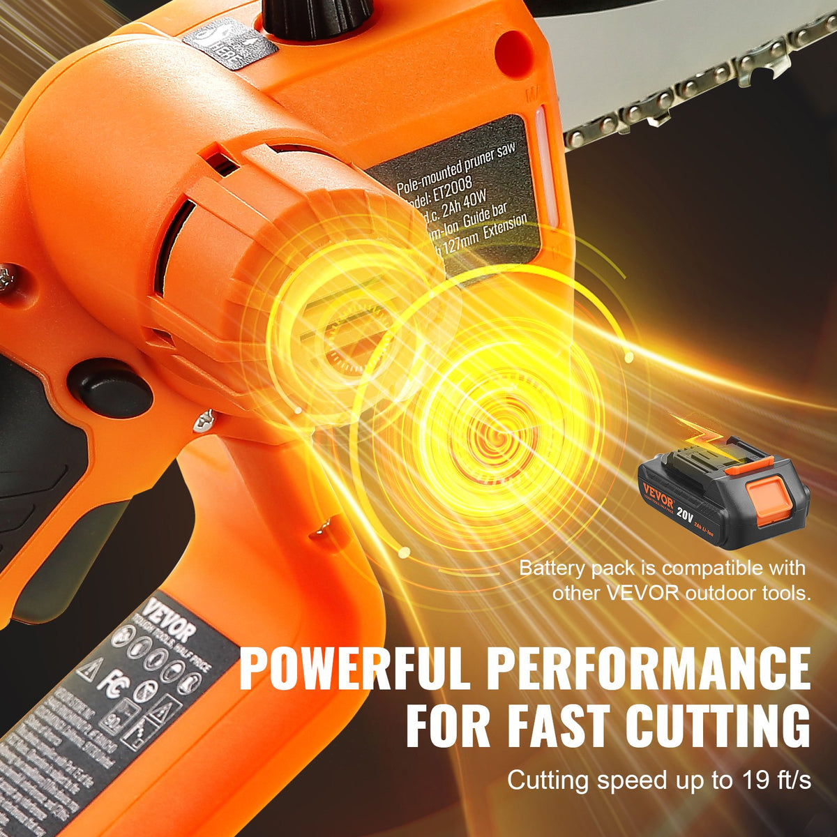 VEVOR 2-in-1 Cordless Telescopic Pole Saw and Mini Chainsaw, 20 V 2 Ah Battery, 13 cm Cutting Length, Reach up to 2.4 m (Battery and Blade Guard Included)