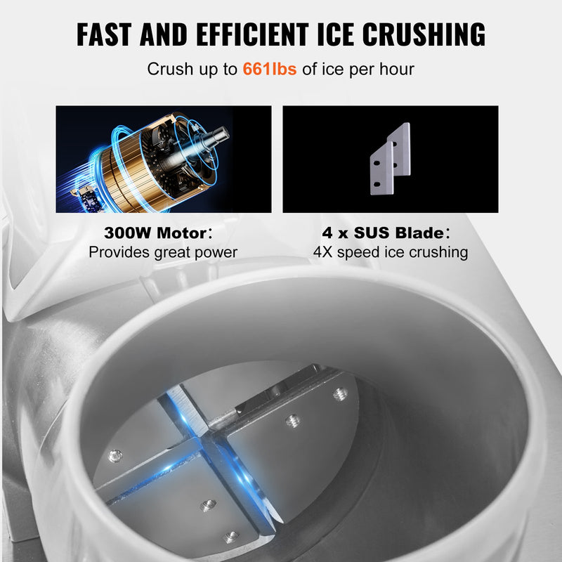 VEVOR Komerciālais ledus smalcinātājs, 300 kg/stundā, 350W, ar diviem asmeņiem