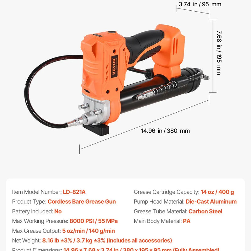 Bezvadu smērvielas pistole 550 bar maksimālais spiediens, akumulatora darbināma, ar LED apgaismojumu un 900 mm šļūteni, saderīga ar 18 V Makita akumulatoriem, paredzēta transportlīdzekļu un iekārtu eļļošanai (tikai instruments)