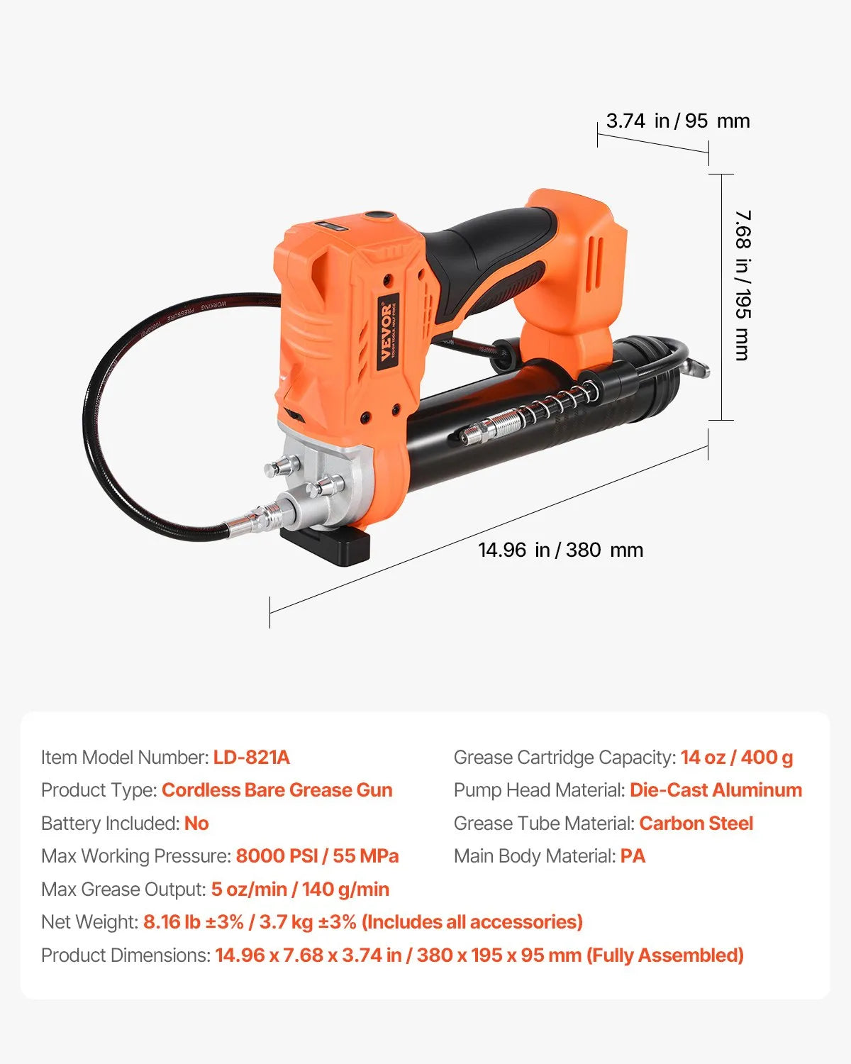 Cordless grease gun, 552 bar, with LED light and 90 cm hose, compatible with 18 V Makita batteries (battery not included)