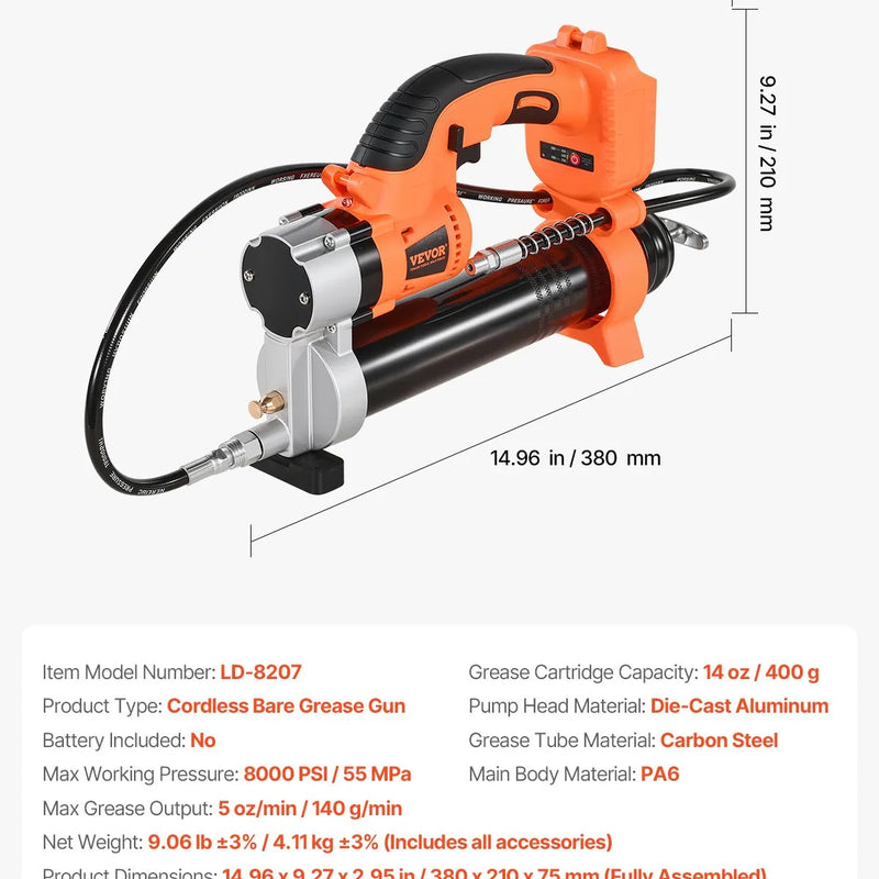 Bezvadu smērvielas pistole 55 MPa maksimālais spiediens, elektriskā smērvielas pistole ar LED apgaismojumu un 900 mm šļūteni, saderīga ar 18 V Makita akumulatoriem, piemērota transportlīdzekļu un iekārtu eļļošanai (tikai instruments)