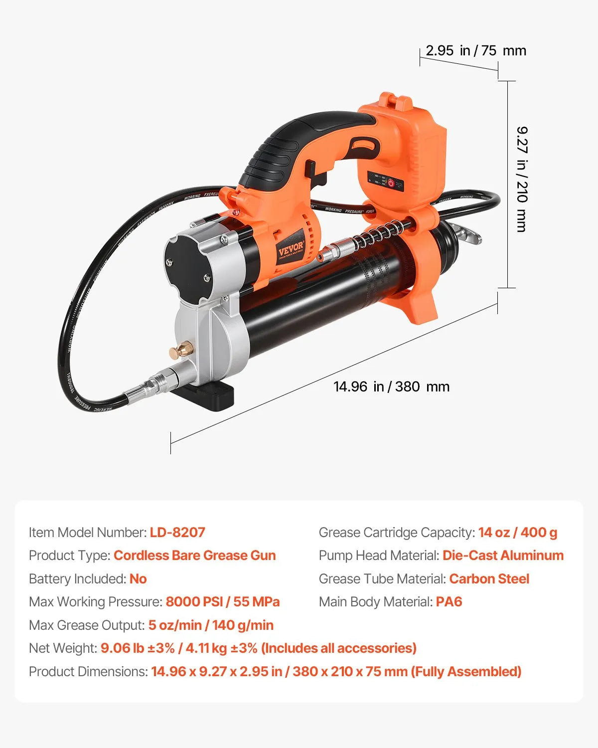 Cordless Grease Gun 55 MPa Maximum Pressure, Electric Grease Gun with LED Light and 900 mm Hose, Compatible with 18 V Makita Batteries, Suitable for Vehicle and Equipment Lubrication (Tool Only)