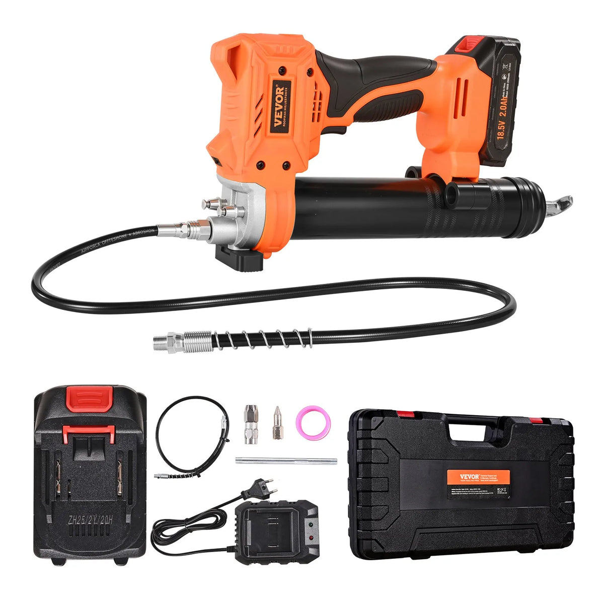 Cordless Grease Gun, 552 bar, 20 V with 2.0 Ah Battery, LED Light and 90 cm Hose, with Carry Case and Variable Speed (Battery Not Included)
