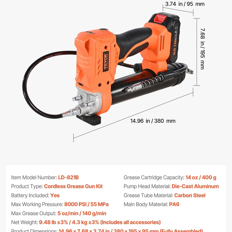 Bezvadu smērvielas pistole, 552 bar, 20 V ar 2,0 Ah akumulatoru, LED apgaismojumu un 90 cm šļūteni, ar pārnēsājamu kārbu un maināmu ātrumu (akumulators nav iekļauts)