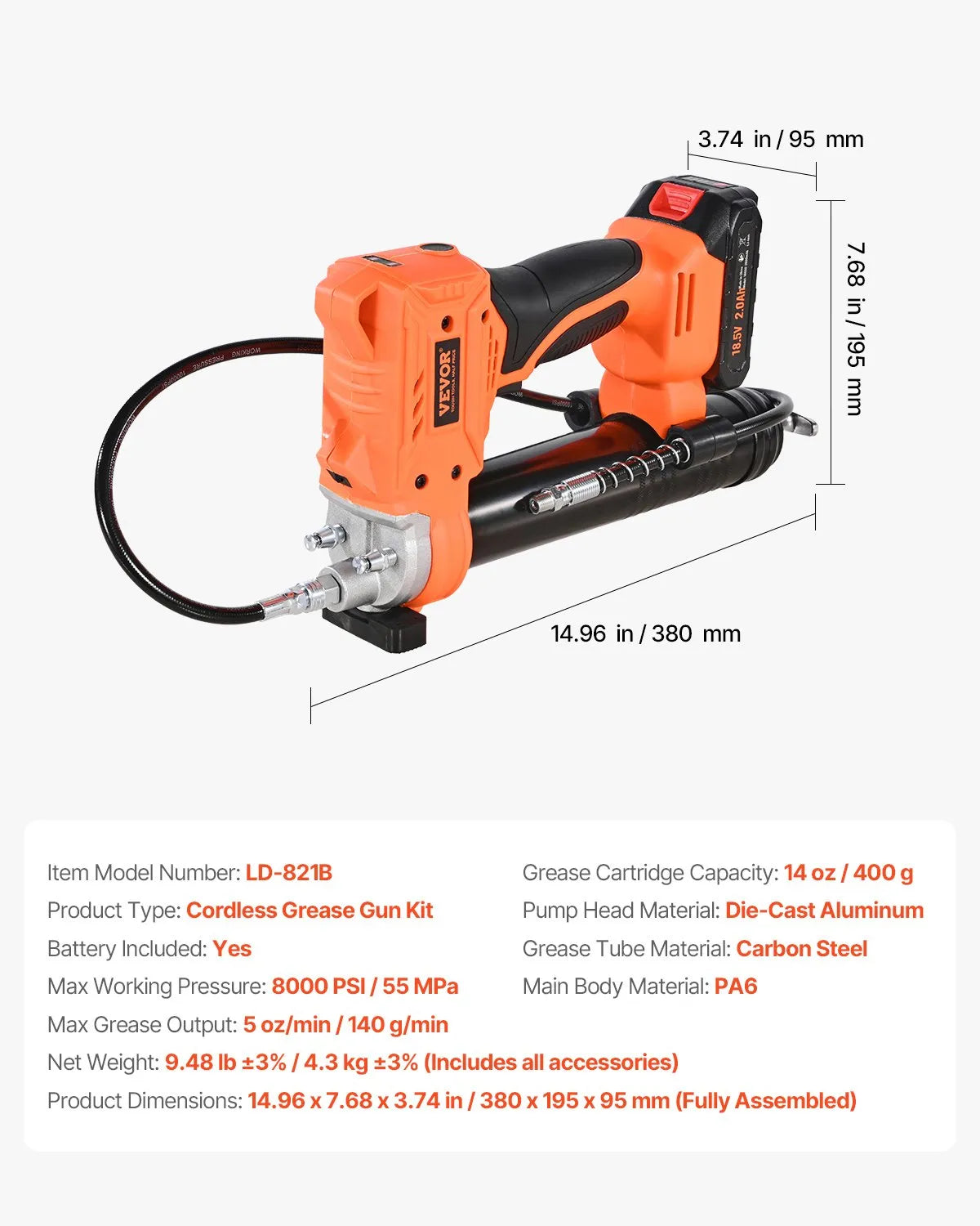 Cordless Grease Gun, 552 bar, 20 V with 2.0 Ah Battery, LED Light and 90 cm Hose, with Carry Case and Variable Speed (Battery Not Included)