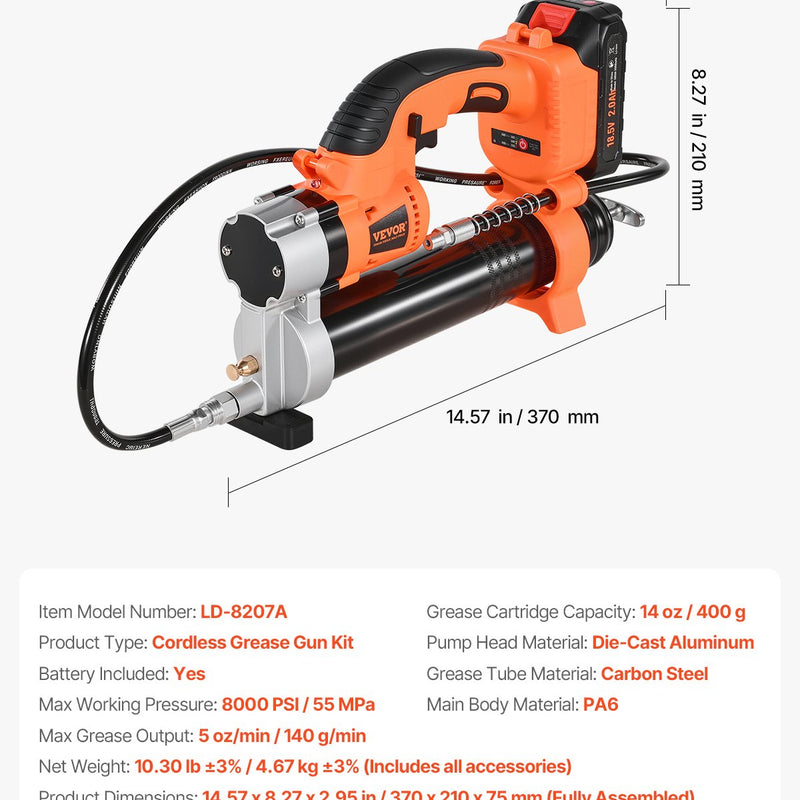 Bezvadu smērvielas pistole 55 MPa maksimālais spiediens, 20 V elektriskā smērvielas pistole ar 2,0 Ah akumulatoru un LED apgaismojumu, 760 mm šļūteni un pārnēsājamo somu, ar maināmas ātruma vadības pogu, paredzēta transportlīdzekļu un iekārtu eļļļošanai