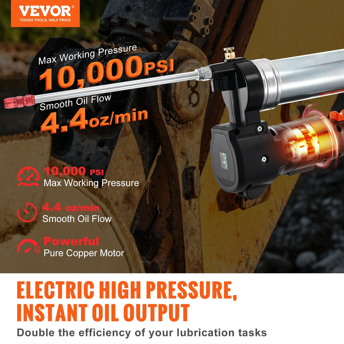 VEVOR Cordless Grease Gun, 20V, 2.0 Ah Battery Kit, 10,000 PSI, with Carrying Case