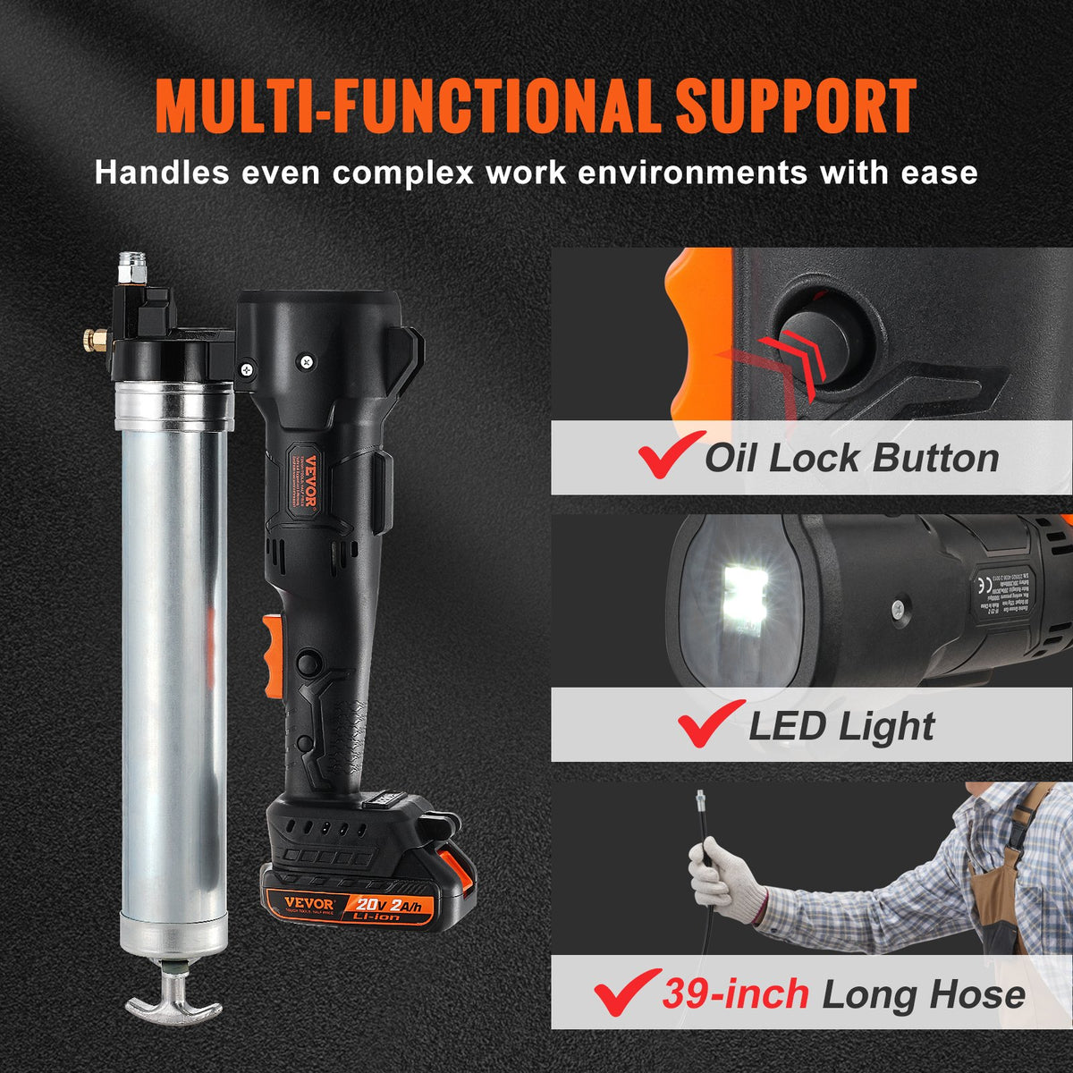 VEVOR Cordless Grease Gun, 20V, 2.0 Ah Battery Kit, 10,000 PSI, with Carrying Case
