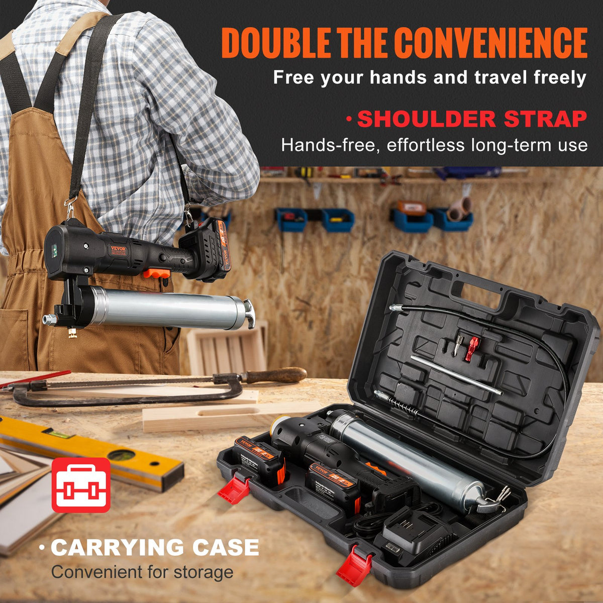 VEVOR Cordless Grease Gun, 20V, 2.0 Ah Battery Kit, 10,000 PSI, with Carrying Case