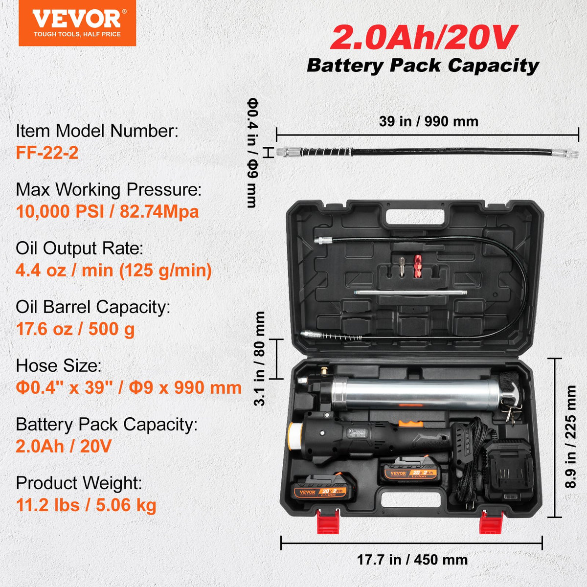 VEVOR Cordless Grease Gun, 20V, 2.0 Ah Battery Kit, 10,000 PSI, with Carrying Case
