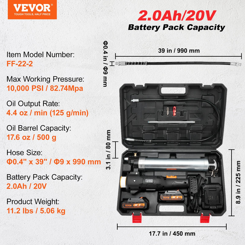 VEVOR bezvadu tauku smērvielu pistole, 20V, 2.0 Ah akumulatora komplekts, 10 000 PSI, ar pārnēsājamu koferi.