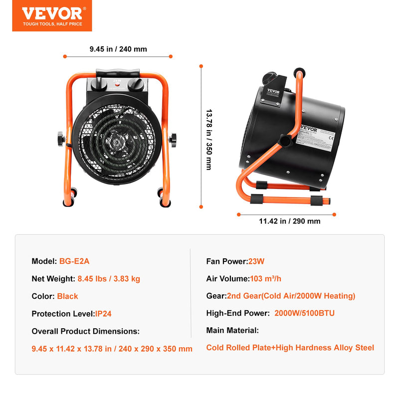 VEVOR Sildītājs 2000W ar Ātru Uzkarsēšanu un Aizsardzību Pret Pārkaršanu, Ūdensnecaurlaidīgs