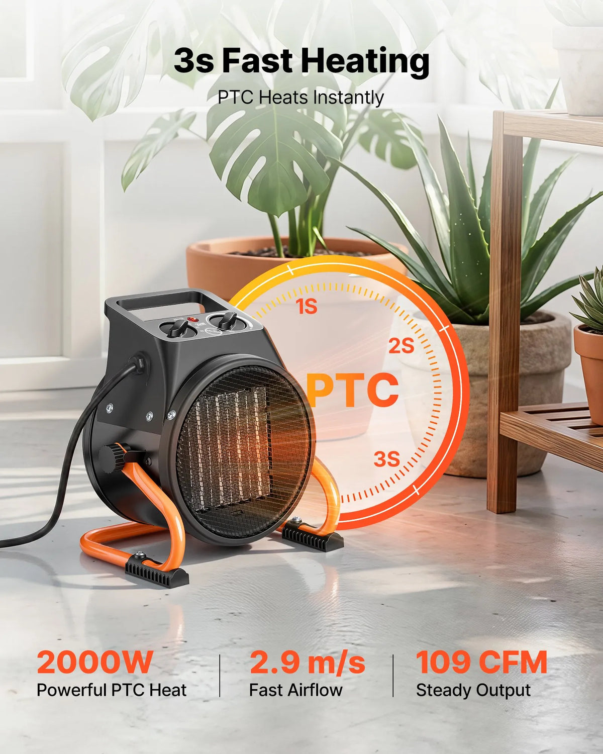VEVOR  küttekeha, 2000 W elektriline PTC-küttekeha ventilaatoriga, madal ja kõrge kütterežiim, 15° reguleeritav nurk, ülekuumenemiskaitse, kaasaskantav, sobib kasvuhoonetele, väikestele kasvuhoonetele, lillekasvatusruumidele ja kodukontorile