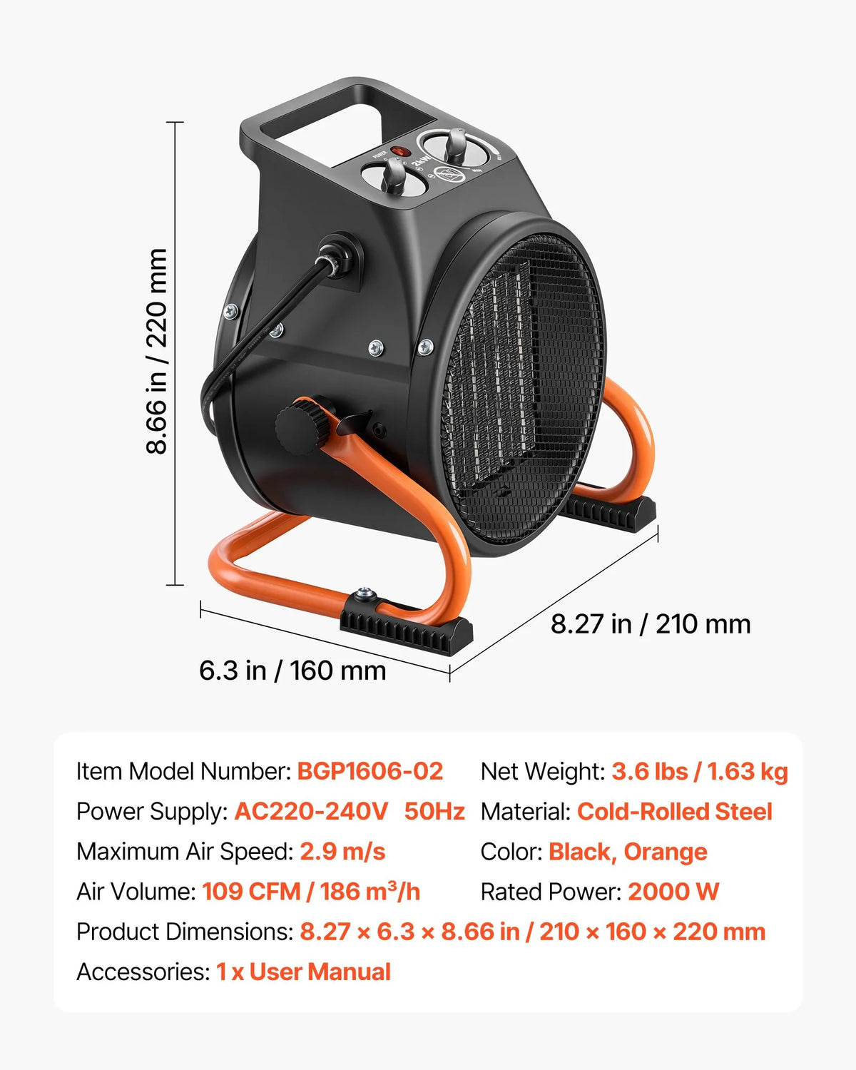 VEVOR  küttekeha, 2000 W elektriline PTC-küttekeha ventilaatoriga, madal ja kõrge kütterežiim, 15° reguleeritav nurk, ülekuumenemiskaitse, kaasaskantav, sobib kasvuhoonetele, väikestele kasvuhoonetele, lillekasvatusruumidele ja kodukontorile