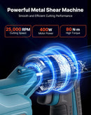 VEVOR bezvadu lokšņu metāla griezējs ar 360° grozāmu griešanas galvu, dubultiem asmeņiem, ātrums līdz 25 000 apgr./min, paredzēts līdz 1,22 mm cinkota tērauda, 1 mm nerūsējošā tērauda, alumīnija lokšņu, plastmasas un kartona griešanai