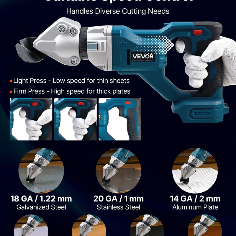 VEVOR bezvadu lokšņu metāla griezējs ar 360° grozāmu griešanas galvu, dubultiem asmeņiem, ātrums līdz 25 000 apgr./min, paredzēts līdz 1,22 mm cinkota tērauda, 1 mm nerūsējošā tērauda, alumīnija lokšņu, plastmasas un kartona griešanai