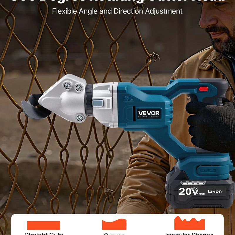 VEVOR bezvadu lokšņu metāla griezējs ar 360° grozāmu griešanas galvu, dubultiem asmeņiem, ātrums līdz 25 000 apgr./min, paredzēts līdz 1,22 mm cinkota tērauda, 1 mm nerūsējošā tērauda, alumīnija lokšņu, plastmasas un kartona griešanai