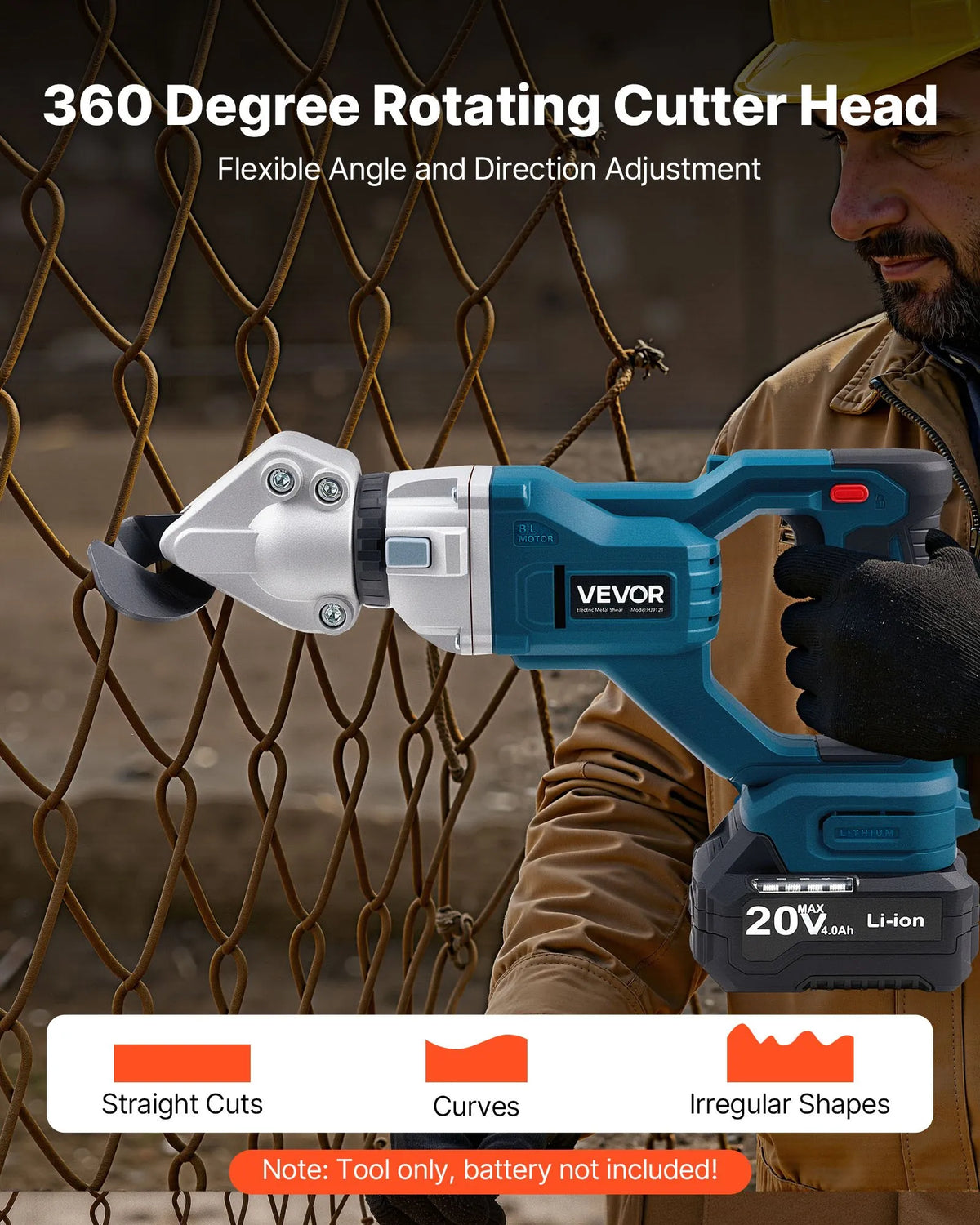 VEVOR Cordless Sheet Metal Shear with 360° Rotating Cutting Head, Dual Blades, Speed up to 25,000 RPM, for Cutting up to 1.22 mm Galvanised Steel, 1 mm Stainless Steel, Aluminium Sheet, Plastic and Cardboard