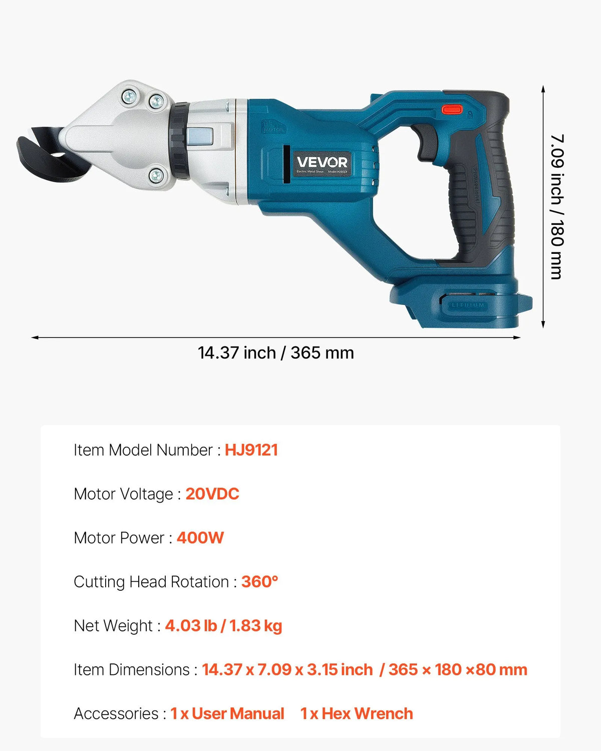 VEVOR Cordless Sheet Metal Shear with 360° Rotating Cutting Head, Dual Blades, Speed up to 25,000 RPM, for Cutting up to 1.22 mm Galvanised Steel, 1 mm Stainless Steel, Aluminium Sheet, Plastic and Cardboard