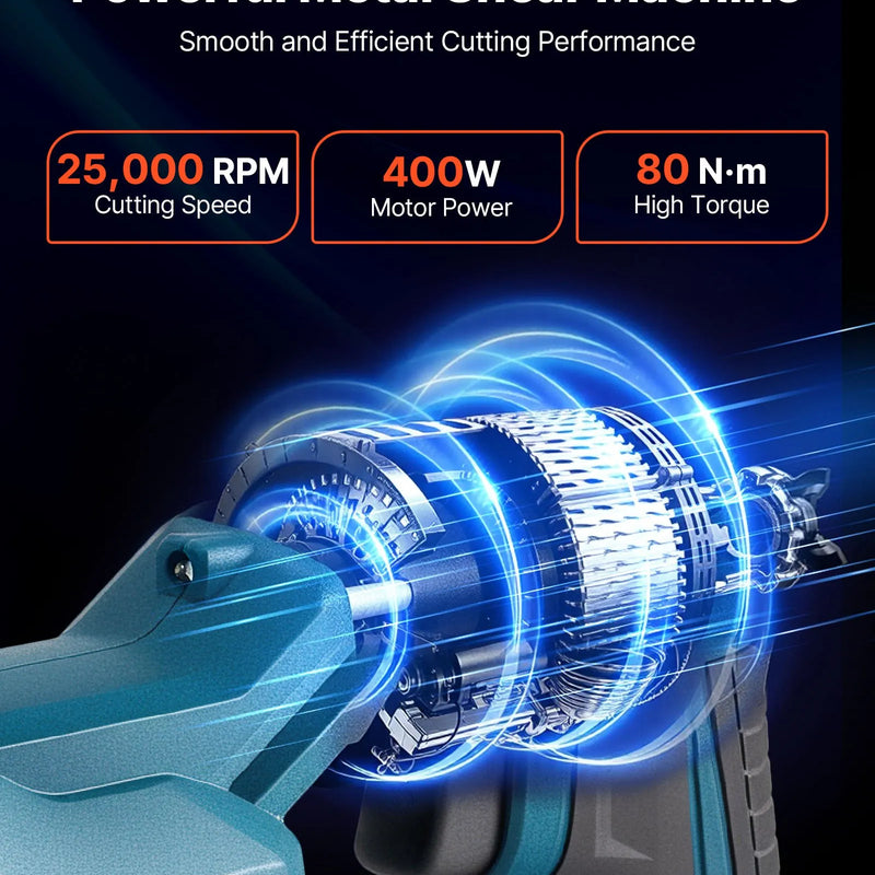 VEVOR bezvadu lokšņu metāla griezējs ar 360° grozāmu galvu, dubultiem asmeņiem, 20 V, 2800 gāj./min, paredzēts līdz 1,22 mm cinkota tērauda, 1 mm nerūsējošā tērauda, alumīnija, plastmasas un kartona griešanai