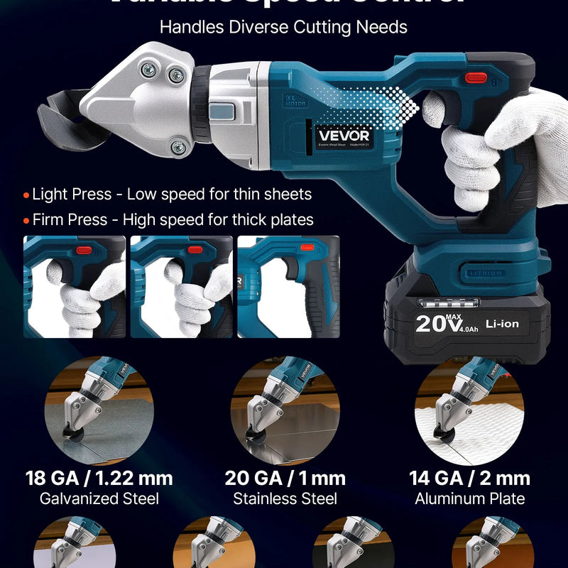 VEVOR bezvadu lokšņu metāla griezējs ar 360° grozāmu galvu, dubultiem asmeņiem, 20 V, 2800 gāj./min, paredzēts līdz 1,22 mm cinkota tērauda, 1 mm nerūsējošā tērauda, alumīnija, plastmasas un kartona griešanai