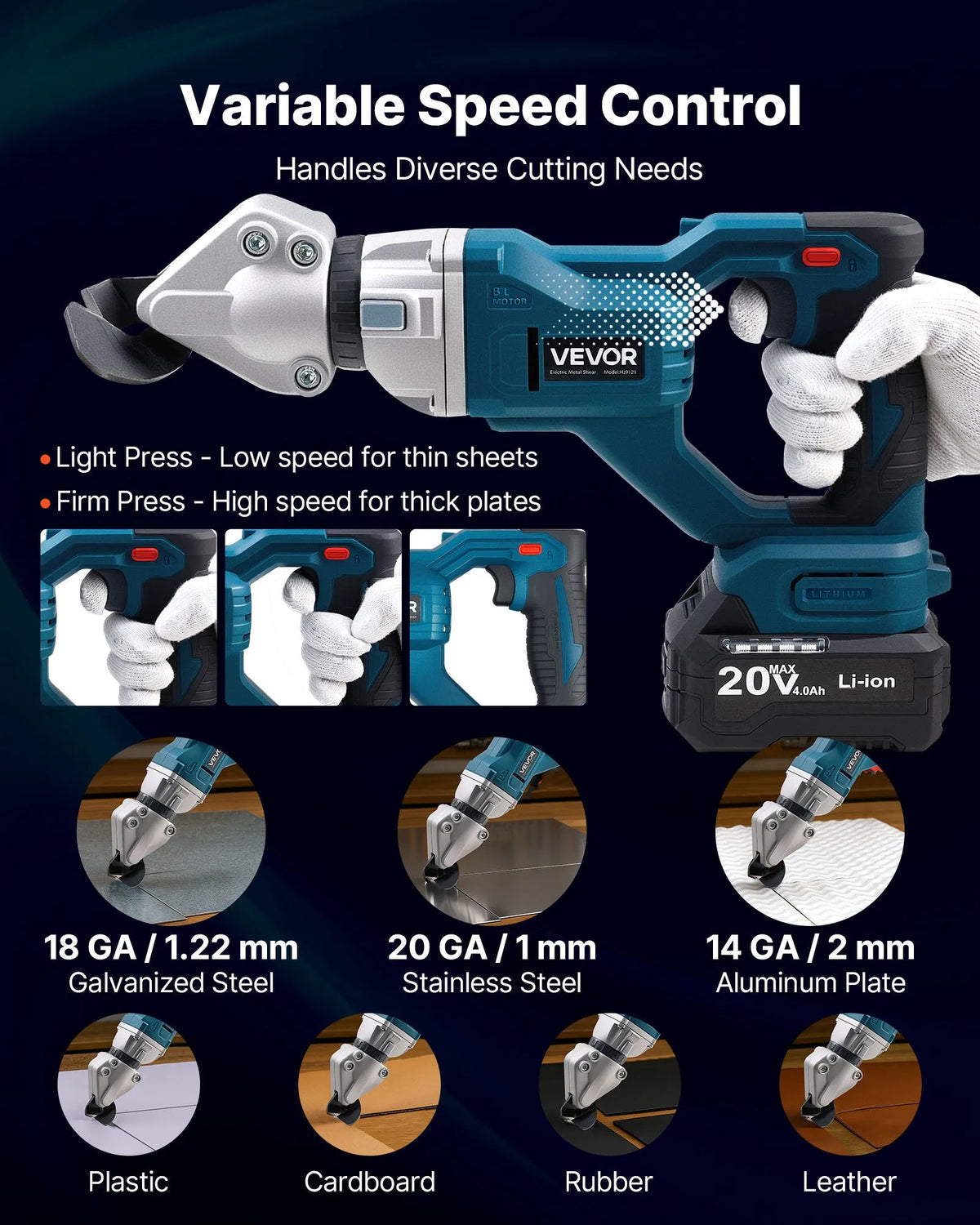 VEVOR Cordless Sheet Metal Shear with 360° Rotating Head, Dual Blades, 20V, 2800 Strokes/min, for Cutting up to 1.22 mm Galvanised Steel, 1 mm Stainless Steel, Aluminium, Plastic and Cardboard