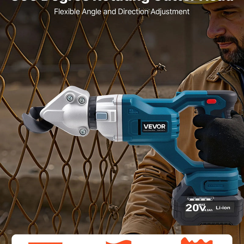 VEVOR bezvadu lokšņu metāla griezējs ar 360° grozāmu galvu, dubultiem asmeņiem, 20 V, 2800 gāj./min, paredzēts līdz 1,22 mm cinkota tērauda, 1 mm nerūsējošā tērauda, alumīnija, plastmasas un kartona griešanai