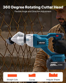 VEVOR bezvadu lokšņu metāla griezējs ar 360° grozāmu galvu, dubultiem asmeņiem, 20 V, 2800 gāj./min, paredzēts līdz 1,22 mm cinkota tērauda, 1 mm nerūsējošā tērauda, alumīnija, plastmasas un kartona griešanai