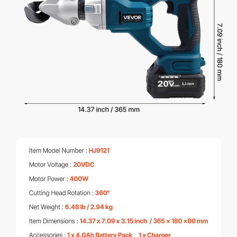 VEVOR bezvadu lokšņu metāla griezējs ar 360° grozāmu galvu, dubultiem asmeņiem, 20 V, 2800 gāj./min, paredzēts līdz 1,22 mm cinkota tērauda, 1 mm nerūsējošā tērauda, alumīnija, plastmasas un kartona griešanai