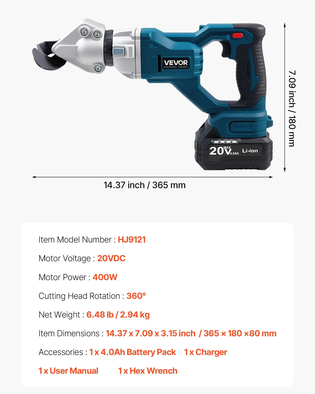 VEVOR Cordless Sheet Metal Shear with 360° Rotating Head, Dual Blades, 20V, 2800 Strokes/min, for Cutting up to 1.22 mm Galvanised Steel, 1 mm Stainless Steel, Aluminium, Plastic and Cardboard