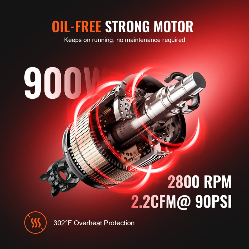 VEVOR gaisa kompresors 7,95 l, 900 W, 2,2 CFM @ 90 PSI, 70 dB, ultrakluss, bez eļļas