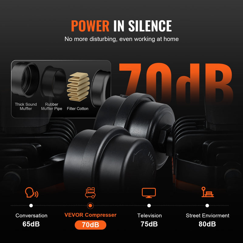 VEVOR gaisa kompresors 7,95 l, 900 W, 2,2 CFM @ 90 PSI, 70 dB, ultrakluss, bez eļļas