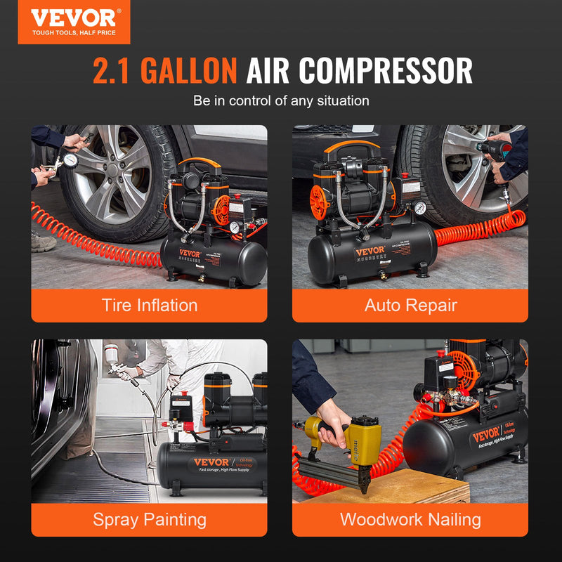 VEVOR gaisa kompresors 7,95 l, 900 W, 2,2 CFM @ 90 PSI, 70 dB, ultrakluss, bez eļļas