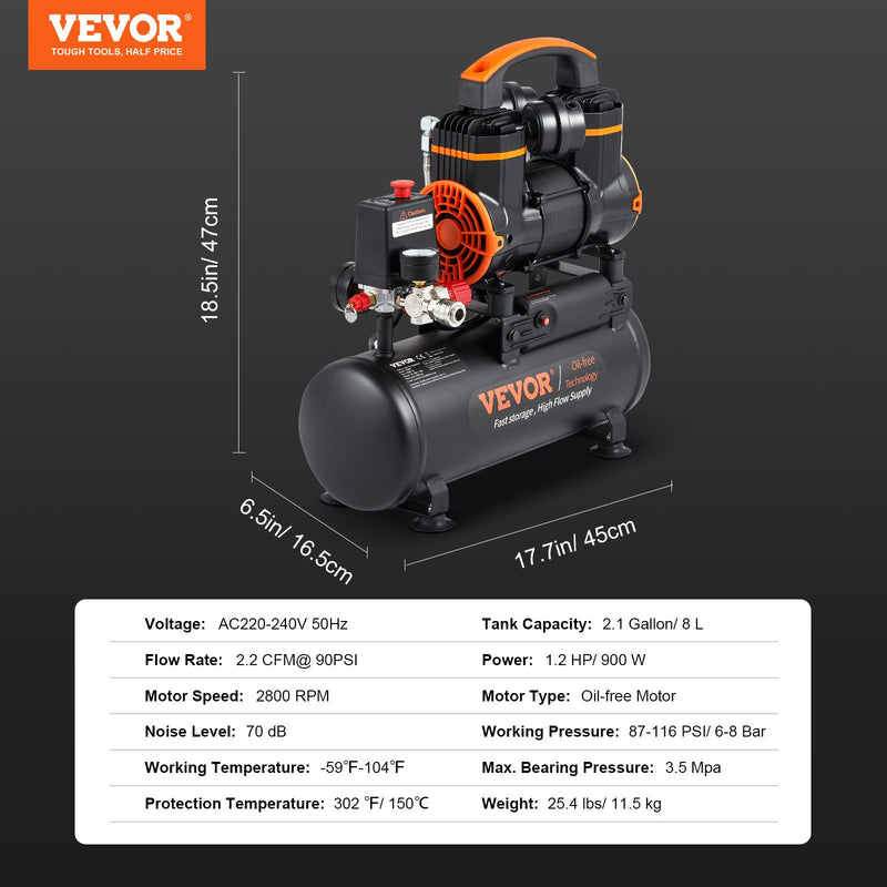 VEVOR gaisa kompresors 7,95 l, 900 W, 2,2 CFM @ 90 PSI, 70 dB, ultrakluss, bez eļļas