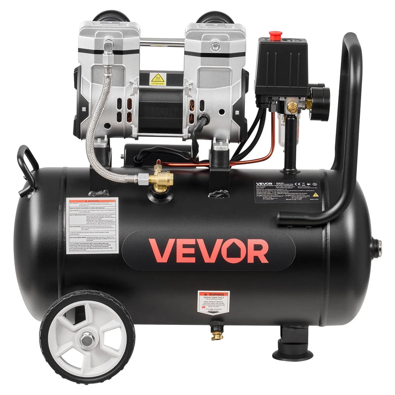 VEVOR bezeļļas gaisa kompresors 24 l, 1,1 kW, 68 l/min pie 6,2 bar, maksimālais spiediens 8 bar, uz riteņiem riepu piepumpēšanai, krāsošanai un pneimatiskajiem instrumentiem