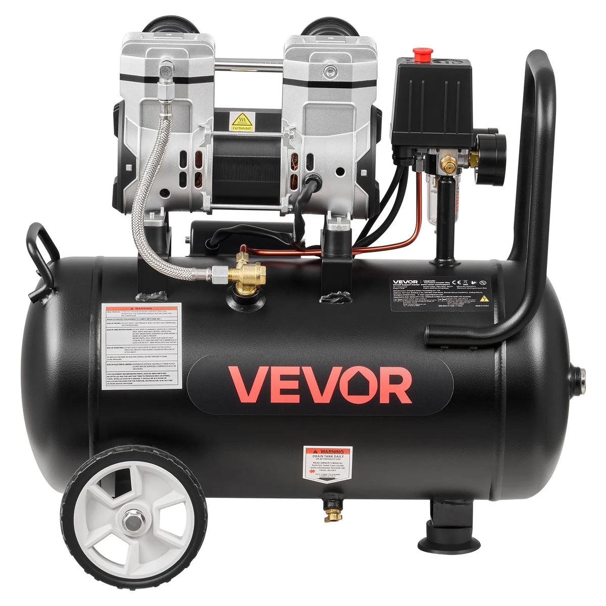 VEVOR bezeļļas gaisa kompresors 24 l, 1,1 kW, 68 l/min pie 6,2 bar, maksimālais spiediens 8 bar, uz riteņiem riepu piepumpēšanai, krāsošanai un pneimatiskajiem instrumentiem