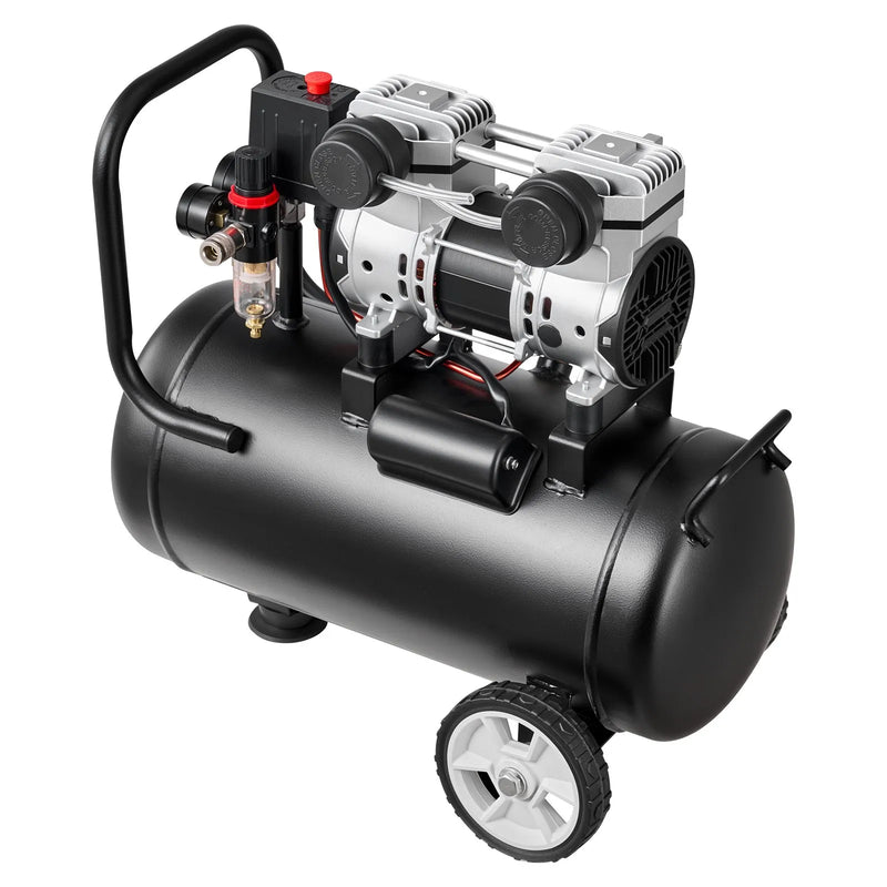 VEVOR bezeļļas gaisa kompresors 24 l, 1,1 kW, 68 l/min pie 6,2 bar, maksimālais spiediens 8 bar, uz riteņiem riepu piepumpēšanai, krāsošanai un pneimatiskajiem instrumentiem
