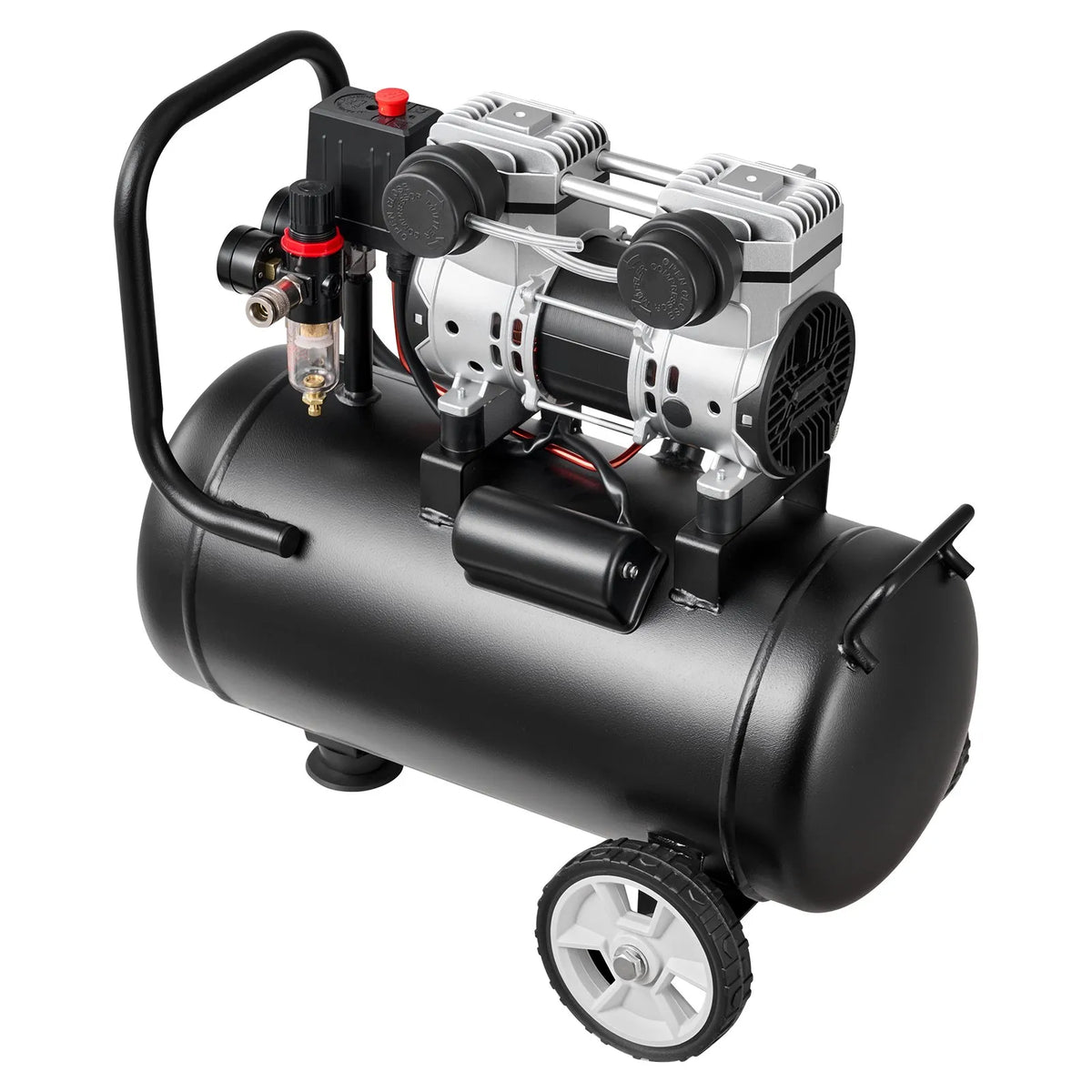 VEVOR bezeļļas gaisa kompresors 24 l, 1,1 kW, 68 l/min pie 6,2 bar, maksimālais spiediens 8 bar, uz riteņiem riepu piepumpēšanai, krāsošanai un pneimatiskajiem instrumentiem