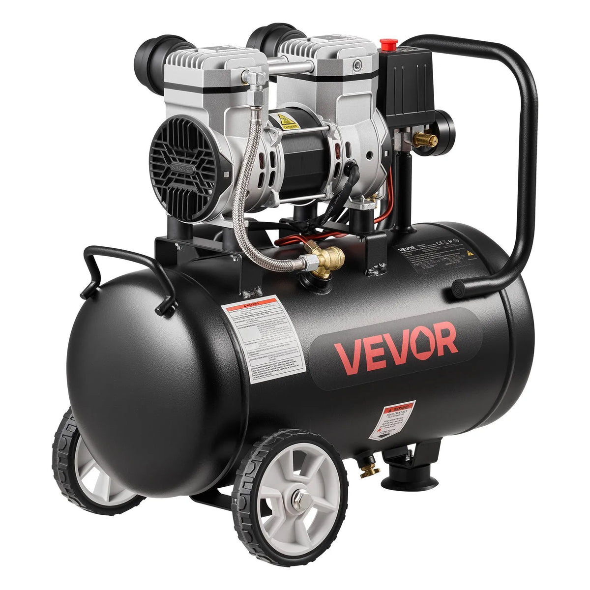 VEVOR bezeļļas gaisa kompresors 24 l, 1,1 kW, 68 l/min pie 6,2 bar, maksimālais spiediens 8 bar, uz riteņiem riepu piepumpēšanai, krāsošanai un pneimatiskajiem instrumentiem