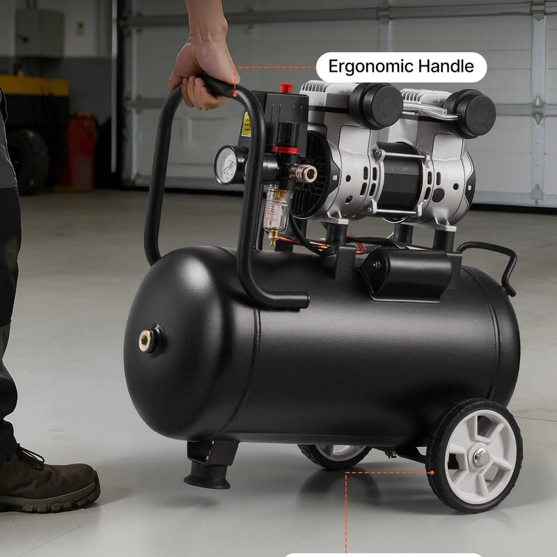 VEVOR bezeļļas gaisa kompresors 24 l, 1,1 kW, 68 l/min pie 6,2 bar, maksimālais spiediens 8 bar, uz riteņiem riepu piepumpēšanai, krāsošanai un pneimatiskajiem instrumentiem