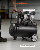 VEVOR bezeļļas gaisa kompresors 24 l, 1,1 kW, 68 l/min pie 6,2 bar, maksimālais spiediens 8 bar, uz riteņiem riepu piepumpēšanai, krāsošanai un pneimatiskajiem instrumentiem