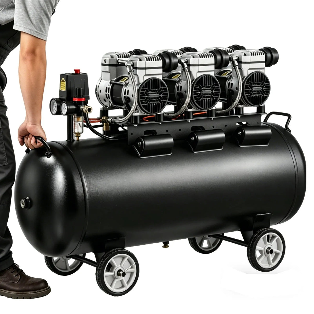 VEVOR õlivaba õhukompressor 100 l, 3 kW, 198 l/min, 8 bar, ratastel kompressor rehvide täispumpamiseks, värvimiseks ja pneumaatiliste tööriistade jaoks