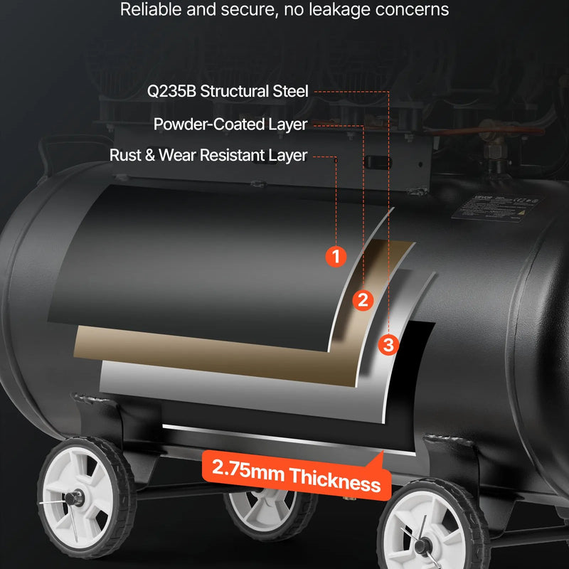 VEVOR bezeļļas gaisa kompresors 100 l, 3 kW, 198 l/min, 8 bar, kompresors uz riteņiem riepu piepumpēšanai, krāsošanai un pneimatiskajiem instrumentiem