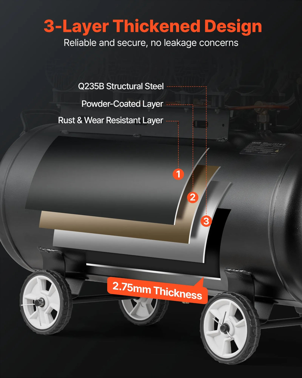 VEVOR õlivaba õhukompressor 100 l, 3 kW, 198 l/min, 8 bar, ratastel kompressor rehvide täispumpamiseks, värvimiseks ja pneumaatiliste tööriistade jaoks