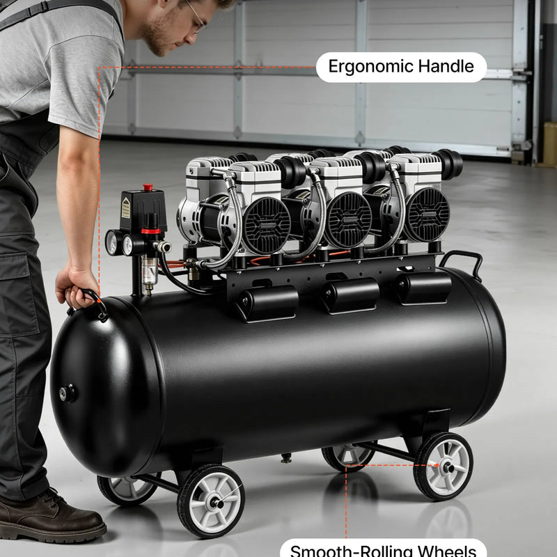 VEVOR bezeļļas gaisa kompresors 100 l, 3 kW, 198 l/min, 8 bar, kompresors uz riteņiem riepu piepumpēšanai, krāsošanai un pneimatiskajiem instrumentiem