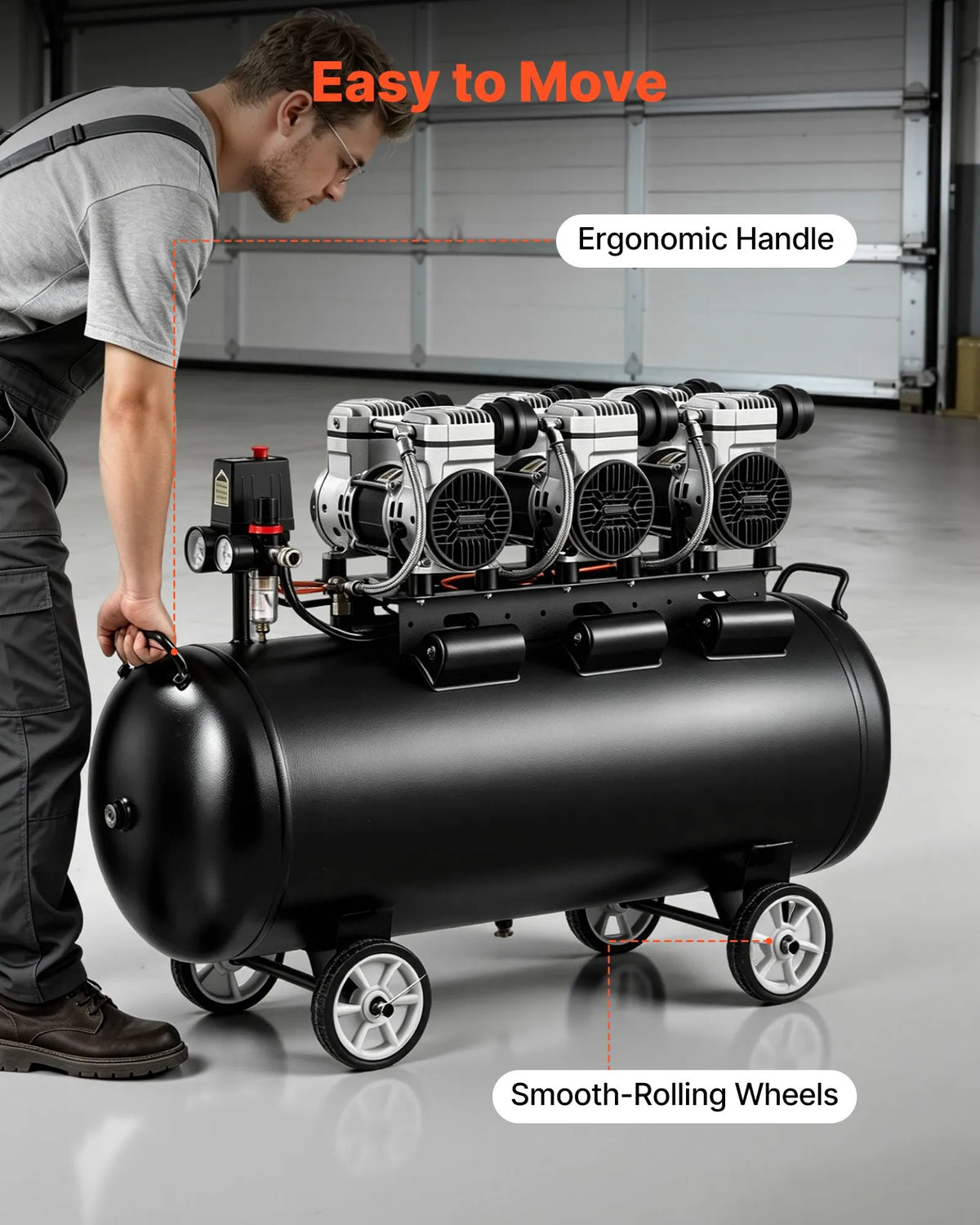 VEVOR õlivaba õhukompressor 100 l, 3 kW, 198 l/min, 8 bar, ratastel kompressor rehvide täispumpamiseks, värvimiseks ja pneumaatiliste tööriistade jaoks