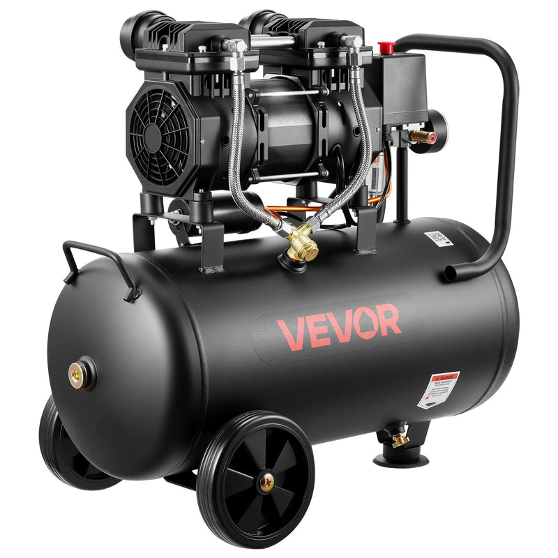 VEVOR bezeļļas gaisa kompresors 30 l, 1,5 kW, 126 l/min pie 6,2 bar, maksimālais spiediens 8 bar, uz riteņiem riepu piepumpēšanai, krāsošanai un pneimatiskajiem instrumentiem