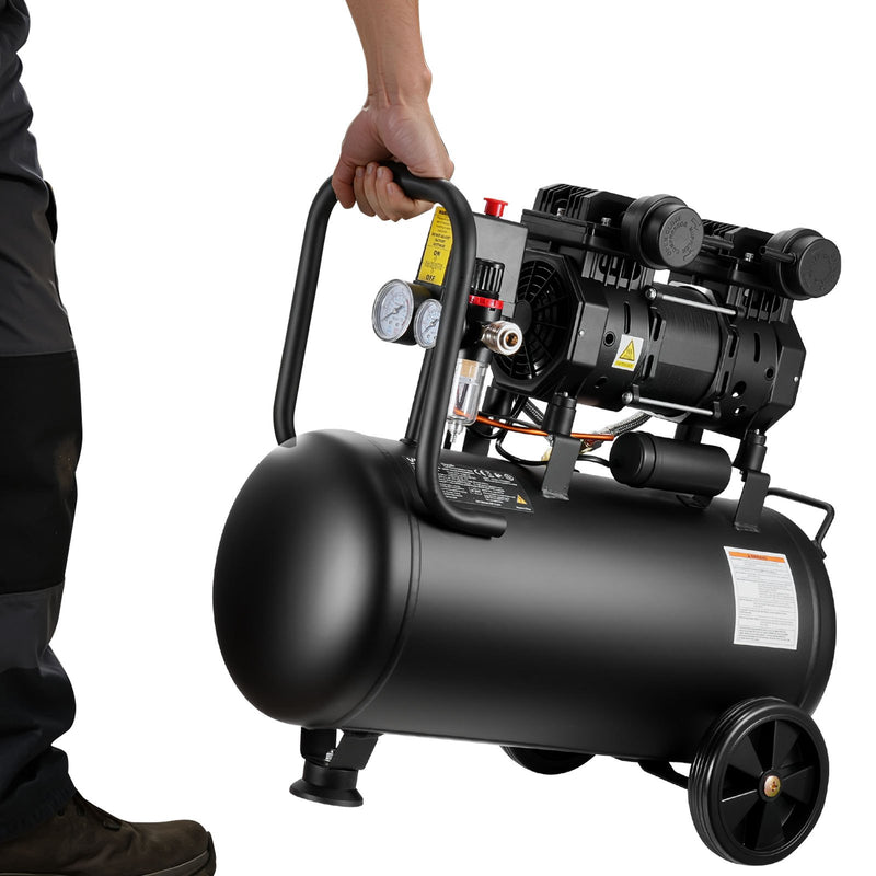 VEVOR bezeļļas gaisa kompresors 30 l, 1,5 kW, 126 l/min pie 6,2 bar, maksimālais spiediens 8 bar, uz riteņiem riepu piepumpēšanai, krāsošanai un pneimatiskajiem instrumentiem